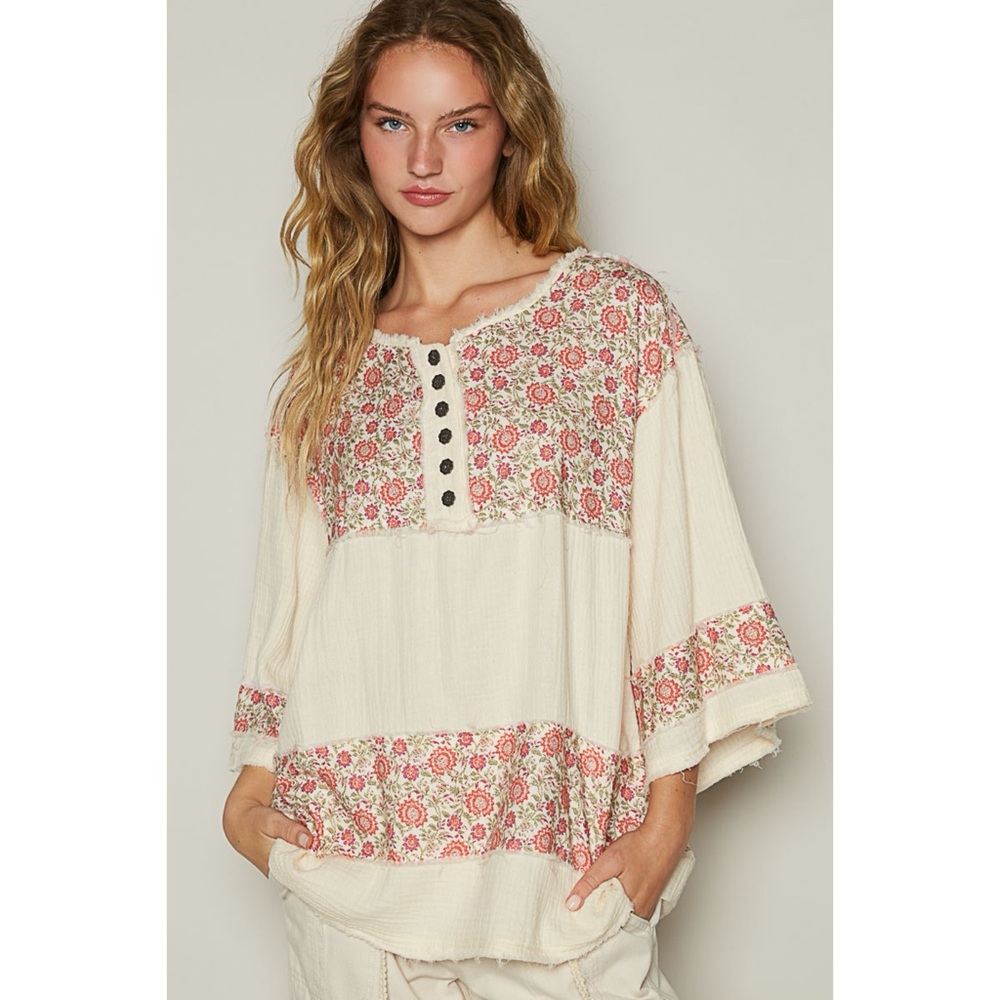 POL Cream 3/4 Sleeve Roomy Fit Henley Top with Floral Contrast - Picture 4 of 10